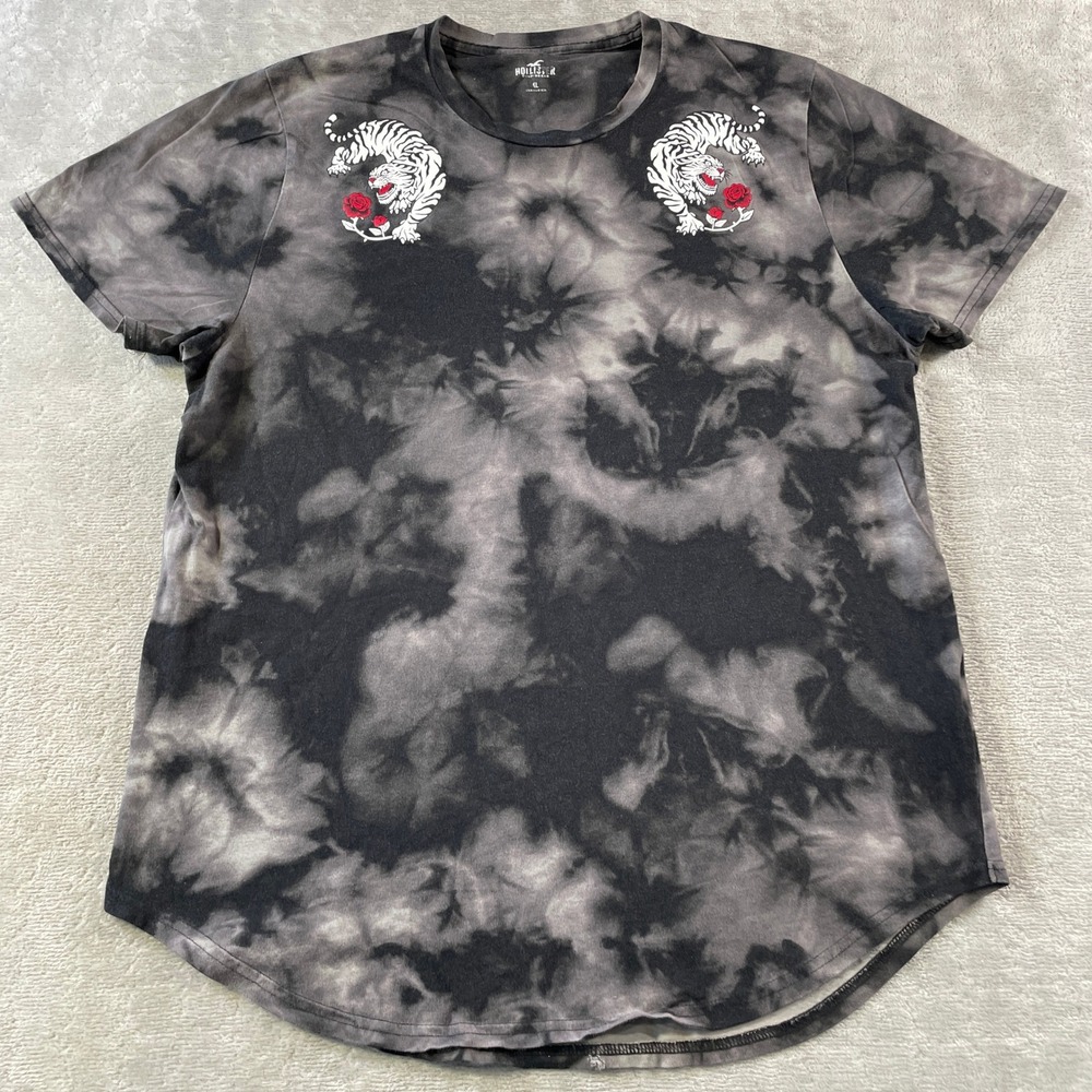 Hollister T Shirt Mens XL Black Grey Tie Dye Tiger Rose Curved Hem Grunge Punk